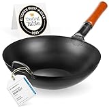 YOSUKATA Sarten Wok de Acero al Carbono 34 cm - Pre-sazonado Wok Fundo Plano - Wok Induccion Tradicional - Sin Сobertura Química - Compatible Con Cocinas de Gas, Inducción, Eléctricas y Fuego Abierto