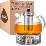 Cosumy Tetera de Cristal con Calentador de Vela - 1.5l - Con Filtro - Apta para Lavavajillas - resistente al calor