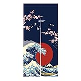 LIGICKY Cortina de puerta japonesa Noren Ukiyoe Hokusai The Great Wave Off Kanagawa Sun Cherry Blossoms Printed Window Treatment Door Tapestry for Home Restaurant Decoration 85 x 180 cm, azul