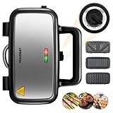 Sandwichera 3 en 1, 1200W Gofrera, Grill Sandwichera Plancha con Interruptor de Seguridad, 3 Placas Antiadherentes y Extraíbles, Control de Temperatura de 5 Velocidades y Manija Cold Touch