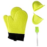 Jonhen Guantes de Silicona Resistentes al Calor Antideslizantes con Forro de algodón para Cocina, Horno, 1 par, Cepillo Extra y Soporte para Maceta (Verde)