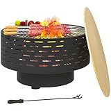 Outsunny 3-en-1 Cuenco de Fuego Ø60 x 39cm de Acero Inoxidable con Parrilla de póquer Protector de chispas en la Madera de Aspecto Cuencos de Fuego Cesta de Fuego para el jardín, balcón terraza,