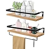 QINERSAW Juego de 2 Estante Flotante de Pared de 40 cm Estante de Madera Estanteria Pared de Ducha con Barra de Toallas Estante Colgante Baño para Cocina, Sala de Estar y Oficina