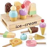 HERSITY Puesto de Helados Juguete Madera, Cucuruchos y Polos de Helado Heladeria Niños, Comida para Cocinitas de Juguete Tienda de Compra Juego de Simulación para Infantil Niñas de 3 4 5 Años