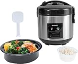 Eamoment DRC-5020SL 1L | 400 W arrocera y vaporera (1ltr-5 tazas) para 1-5 personas cocinar rápidamente sin quemarse, extraíble antiadherente, cuchara de arroz y vaso medidor, plata