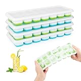 RISVOWO Cubiteras para Hielo con Tapa, 4 Piezas Moldes de Cubitos Hielo Silicona Sin BPA y Certificado LFGB, 56 Moldes Hielo, Apilables Bandeja Cubo Hielo para Whisky Cola Congelado