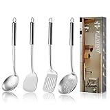 Pleafind utensilios de cocina, 4P set utensilios de cocina, set cocina acero inoxidable, utensilios de cocina y espumadera, espatula cocina, cucharones de cocina y volteador ranurado