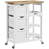 HOMCOM Carro de Cocina Carrito Auxiliar con Ruedas Carrito Verdulero con Tablero de Madera 3 Cajones 2 Estantes Abiertos y Bandeja Extraíble para Comedor Salón 67x37x85,5 cm Blanco