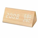 Lancoon Reloj Despertador Digital, Madera ElectróNica Led Hora Fecha Temperatura Detección De Humedad 3 Configuraciones De Alarma 3 Niveles De Brillo para El Hogar Dormitorio Oficina