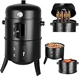 Barbacoa Ahumador, Barril y Horno Para Ahumar, 3 en 1 Barbacoa Smoker, Parrilla con Termómetro Integrado y Enganchados, Para Ahumar, Asar a la Parrilla y Cocinar