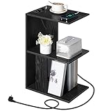 MAHANCRIS Mesa Auxiliar Estrecha con Estación de Carga, Puertos USB y Enchufes para Espacios Pequeños, Dormitorio, Salón, Negro AETHB18UE01