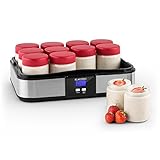 Klarstein Gaia - Yogurtera 12 vasos, maquina para hacer yogur casero, 2,5L volumen, 12 frascos individuales de 210ml, cierre rosca, pantalla LCD retroiluminada, acero inoxidable, negro