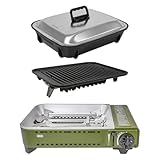 Amig - Camping Gas | Cocina Portatil | Kit Hornillo Grill - Parrilla Fundicion Aluminio + Plancha Con Tapa Cocción | Con Bandeja Recoge Grasas De Acero Inoxidable | 1,8 Kw Potencia