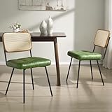 Zouron - Silla de Comedor de ratán (2 Unidades), diseño Moderno de Mediados de Siglo con Patas de Metal,Silla de Cocina con Respaldo de ratán,Silla de Cuero tapizado,Verde