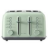 BUYDEEM DT640E Tostadora de Pan 4 Rebanadas de Ranuras Anchas, Tostador Vintage de Acero Inoxidable de 7 Niveles, Función de Calentamiento y Descongelación, Recolector de Basura Extraíble (Green)