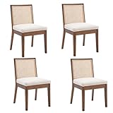 Wahson Sillas de Comedor con Respaldo Juego de 4 Sillas de Cocina Tapizado en Lino, Sillas Madera Modernas Cojín Grueso Sillas de Rattán Rústica para Salón/Restaurante, Beige