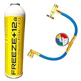 Genérico Gas Aire Acondicionado para Coche. 1 Botella Gas Refrigerante Freeze Organico +12a de 420Gr Sustituto R134a / R12 + Manguera de Carga con manómetro Control de Carga.