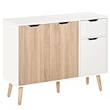 HOMCOM Aparador Moderno Aparador para Salón con 3 Puertas y Cajón Mueble Auxiliar para Salón Cocina Dormitorio 90x30x72 cm Blanco y Natural