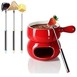 COM-FOUR® Juego de Fondue de Chocolate - Cuenco de cerámica con Portavelas y 4 tenedores - Crisol para Chocolate y Queso - Crisol - Cuenco para Salsa de Postre para 4 Personas (rojo blanco)