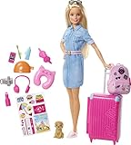 Barbie Muñeca Viajera - Conjunto de Viaje con Maleta Rosa y Perro - Más de 10 Accesorios - Con Pegatinas - Regalo para Niños de 3-7 Años