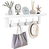 SMIBUY Percheros con Estante de Pared, Perchero de Entrada de 74 cm para Pared, Estante Colgante de Bambú con 5 Ganchos Dobles de Metal para Baño, Dormitorio, Cocina, Sala de Estar (Blanco+Plata)