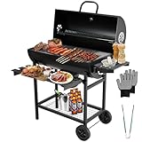 TEENO - Carro para barbacoa de madera, parrilla XXL de carbón con tapa, termómetro, cajón de ceniza, guantes antiquemaduras, ventilación ajustable, gran barbacoa de carbón de madera (Basic)