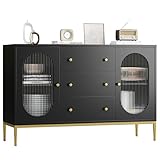 FirFurd 120cm Aparador Cocina con 2 Puertas de Cristal y 3 cajones, Armario Despensa Cocina, Muebles Bar para Salón, Mueble Aparador Comedor, Negro y Dorado