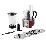 Robot de cocina multifunción H.Koenig MX18 Rojo Profesional Compacto, vaso de 1,5L, batidora, 4 discos de acero+cuchilla+espátula, 8 Funciones, Potente 800W