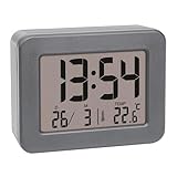 TFA Dostmann Despertador Digital de Viaje 60.2044.10, Funciona con Pilas, con Alarma Fuerte, Incluye termómetro Interior, indicador de Fecha, Reloj de Cuarzo, pequeño y Compacto, Color Gris