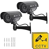 TIMESETL Camara Vigilancia Falsa 2Pcs Cámara Simulada de Seguridad con LED Rojo Parpadeante con Soporte de Pared- Exterior Interior, Negro, Sólo movimiento