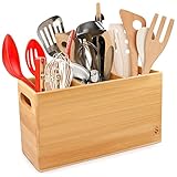 SAUNNIHEN Grande Bambú Soporte Utensilios Cocina, Robusto Bote Utensilios Cocina con 3 Compartimentos, Bandeja Extraíble para Ajustar el Espacio y 2 asas Laterales para Facilitar la Movilidad