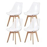 EGGREE Juego de 4 Sillas de Comedor Escandinavas SGS Testadas, 4 Sillas Transparentes con Patas de Haya Maciza y Cojines de Cuero PU Blanco para Dormitorio, Cocina, Salón