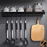 MUOIVG - Soporte para utensilios de cocina de pared con 6 ganchos extraíbles, estante de cocina, soporte para cacerolas de pared, sin taladrar, aluminio, antioxidante, negro, 40 cm