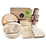 Vajilla Desechable Hoja de palma de 255 piezas para 25 personas. Platos Desechables Redondos con bandejas, cubiertos de madera, vasos kraft y vasos para cafe con paletinas. Camping y Barbacoa.