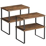 SONGMICS Organizadores de Cocina, Juego de 4 Estantes de Cocina, para Almacenamiento de Gabinete, Apilables, Expandibles, Metal y Madera de Ingeniería, Marrón Rústico y Negro KCS021X01