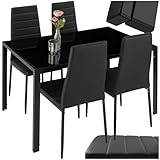 tectake® conjunto mesa y sillas de comedor, mesa con tablero cristal seguridad y 4 sillas cocina tapizadas cuero sintético, estructura acero, sillas comedor, set muebles de cocina - Negro