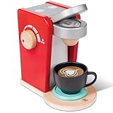 Hape: Cafetera roja - Máquina de cocina de madera, efectos de sonido y funciones realistas, granos de café, juego de simulación de barista, niños a partir de 3 años