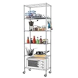 Himimi Estantería de Alambre de 6 Niveles con Ruedas, Altura Ajustable, Estante de Almacenamiento de pie Resistente con Gancho para baño, Cocina, Garaje, Dormitorio, Color Plateado
