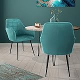 ML-Design Set 2x Sillas de Comedor Color Azul Turquesa Asiento Moderno Tapizado de Terciopelo con Patas de Metal Negras, Respaldo y Reposabrazos Ergonómicos Sillón Moderno para Salón Cocina u Oficina