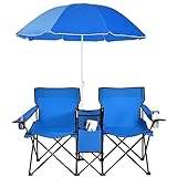 GOPLUS Silla de camping plegable de 2 plazas con sombrilla, sillón de camping al aire libre AVCE bolsillo, portavasos y bolsa de transporte, ideal para playa, pesca, barbacoa, picnic (turquesa)