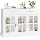 FirFurd Aparador Cocina con 3 Puertas de Cristal, Aparador Comedor, Vitrina Salón, Muebles de Salón, Vitrinas Expositora, 2 Cajones, Estantes Ajustables, Madera y Cristal, Blanco, 120x40x84cm