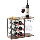 Nuovoware Estantes de Vino para Encimera, Porta Botellas de Vino para 6 Botellas y 4 Porta Copas, Organizador Metálico de Almacenaje de Vino para Cocina, Bar, Mesa, Armario, Bodega, Madera