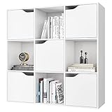 FirFurd Librería Blanca, Estantería Madera, Mueble Almacenaje para Libros, con 9 Cubos y 5 Puertas, para Oficina, Estudio, Salón, Moderno, 90x29x90cm