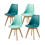 EGGREE Pack 4 Sillas de Comedor Sillas Cocina Nórdica de Plástico con Cojín de Asiento de Cuero PU y Las piernas de Madera de Haya Maciza, 2 Verde Menta + 2 Turquesa