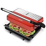 Aigostar Parrilla Eléctrica, Grill, Sandwichera y Panini, 1000W, Placas Eco-Stone Antiadherentes, Apertura 180º, Placa Superior Flotante, Superficie 23×14,5 cm, Libre BPA, Color Acero y Rojo, Warme