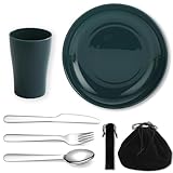 Evanda Juego de Cubiertos de Camping de 5 Piezas, Taza Reutilizable de Peso Ligero, Plato y Juego de Cubiertos de Acero Inoxidable con Bolsa Negra, para Acampar 1 Persona, Apto para lavavajillas