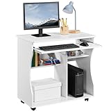 Yaheetech Mesa Escritorio con Ruedas Mesa de Oficina con Bandeja Extraíble 80x48x76 cm Escritorio Ordenador ​con Cajones para PC Impresora Despacho Estudio Blanco