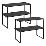 SONGMICS Organizadores de Cocina, Juego de 4 Estantes de Cocina, para Almacenamiento de Gabinete, Apilables, Expandibles, Metal y Madera de Ingeniería, Negro Tinta y Negro Ébano KCS028B01