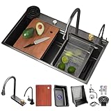 DSMRLEOP Fregadero de cocina Nano de acero inoxidable, 80x45cm multifuncional, cascada, fregadero individual con grifo extensible, lavavajillas de alta presión, escurridor – Fácil de poner