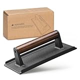 Navaris Prensa Hamburguesas de Hierro Fundido - Plancha de Cocina Rectangular con Relieve y Mango Antideslizante - Accesorios Smasher Aplastador de Hamburguesa para Barbacoa